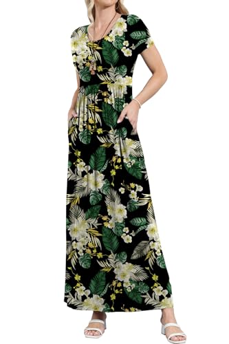 Image of EUOVMY Women's Short Sleeve Loose Plain Maxi Dresses Casual Vacation Long Dresses with Pockets