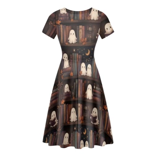 Image of POLERO Women Puffy Swing Elegant Party Midi Dresses Short Sleeve Round Neck A-Line Dress