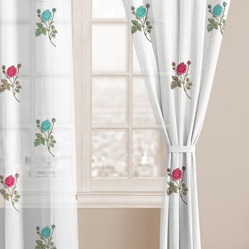 Image of LINENWALAS Printed Decorative Cotton Sheer Curtains 5 Feet Long Set of 2 Panel, Grommet Hanging, Rose Symphony Curtains for Children Room, Living Room, Home Decor (L-8 x W-4.5 Feet)
