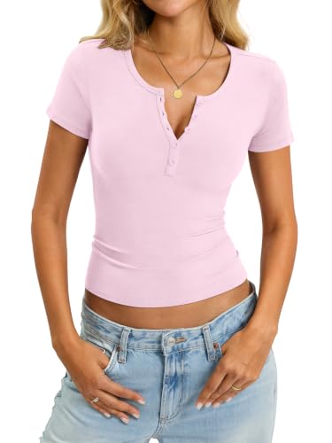 Image of EasyGala Womens Cotton Short Sleeve Shirts V Neck Henley Tops Basic Tees