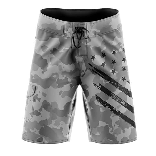 Men's American Flag Board Shorts, Decorated in The USA - Grey Camo Black Crest