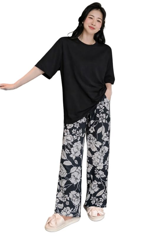 Image of KSHS Printed Round Neck Short Sleeve Nightsuit Set | Pajama Set | Casual Night Dress for Women