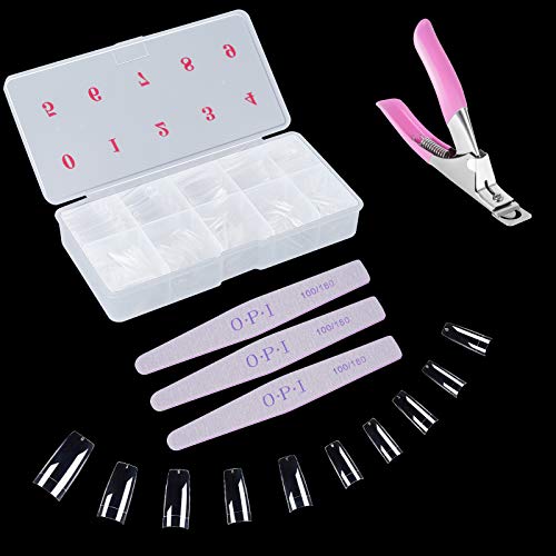 yinhua French Clear Nails 500Pcs, Clear False Nails Tips 10 Sizes with Acrylic Nail Clipper and 3 Nail File for Nail Art DIY, Home Salon Use (Clear)