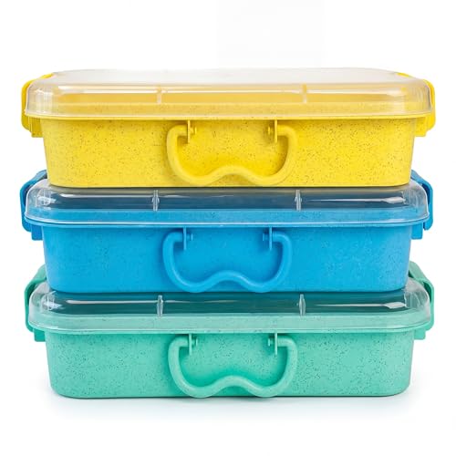 Image of Carolart 3 Pack 12.8 Inch Wheat straw Plastic Storage Bins, Stackable | 40% wheat straw blend containers with lids for sand toy storage, classroom supplies, crafts, toys and homeschool use