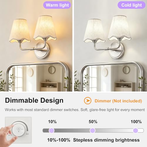 Image of Bathroom Light Fixtures 14 inch Vanity Light 2-Light Brushed Nickel | Farmhouse Bathroom Lights, Beige Wavy Fabric Shade, Dimmable Vanity Lighting Fixtures for Mirror Bedroom Living Room Hallway