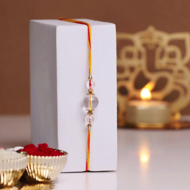 Image of Shubhanjali Crystal Beads Rakhi for Brother | Handmade Healing Crystal Stone Designer Rakhi for Bhaiya | Raksha Bandhan Gift Set with Roli Chawal, Kumkum, Greeting Card & Potli