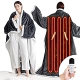 OMYSTYLE Electric Blanket Wearable with Foot Pocket, Wearable Heated Blanket with Sleeves, 1-6 Heating Levels & Fixed 4 Hours Heating Time Setting, 52 * 72'+18', Dark Grey