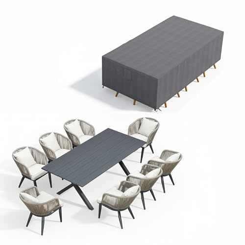 Image of PURPLE LEAF 9 Pieces Patio Dining Set with Waterproof Furniture Cover Rectangular Table and Chairs Set for Garden Deck Aluminum Frame Backyard Kitchen Set, Cushions and Pillows Included Taupe