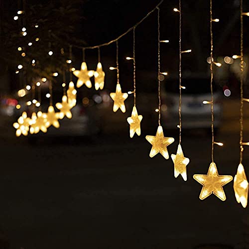 Image of Lexton Decorative Star Curtain Led String /Fairy Light | 16 Stars, 136 LED, 3 Meter with 8 Flashing Mode | Battery Powered | Suitable for Indoor Decorations, Christmas, Diwali (Pack of 1, Warm White)