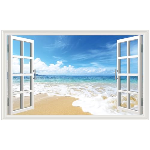 Beach Fake Window Wall Stickers Ocean Sea with Blue Sky Wall Decals Tropical Seascape Peel and Stick Wall Art Decal Removable Vinyl Wallpaper for Bedroom Living Room