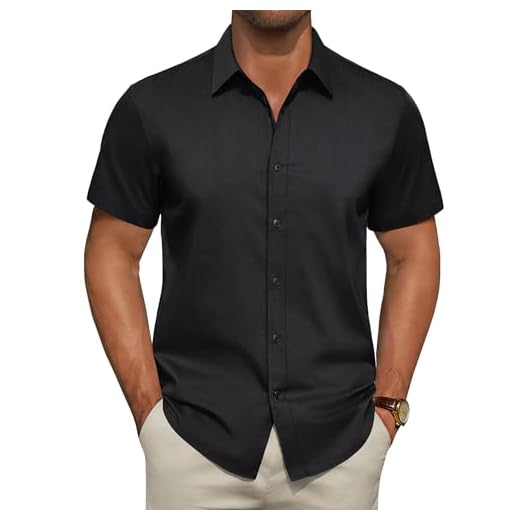 ROUWELL Mens Short Sleeve Button Down Shirts Stretch Stain Shield Solid Dress Shirt Business Casual Formal Tops Black Large