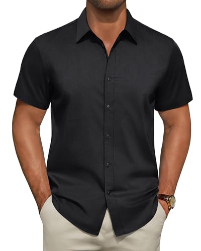ROUWELL Mens Short Sleeve Button Down Shirts Stretch Stain Shield Solid Dress Shirt Business Casual Formal Tops Black Large