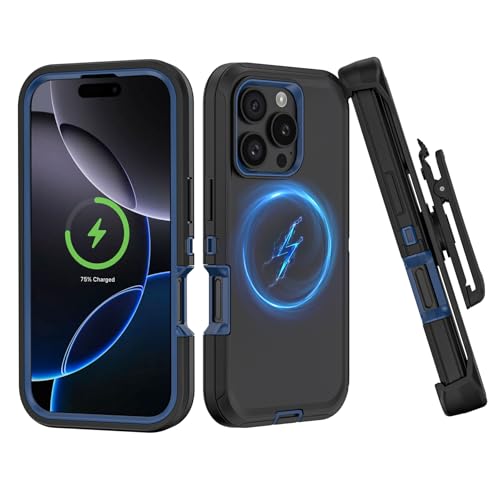 TMIDVFV Compatible with iPhone 16 Pro Case, with Belt Clip Holster Heavy Duty Rugged Magnetic Wireless Charging Full Body Protection Kickstand Cover for iPhone 16 Pro 6.3 inch Phone (Black+Blue)