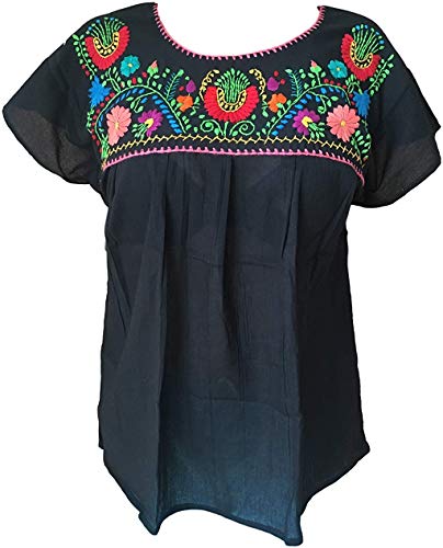 Floral Mexican Peasant Blouse - Authentic Embroidered Tehuacan Blouse - Handmade in Mexico - Blusa Campesina Poblana Mexicana - Poblana Black (Large)