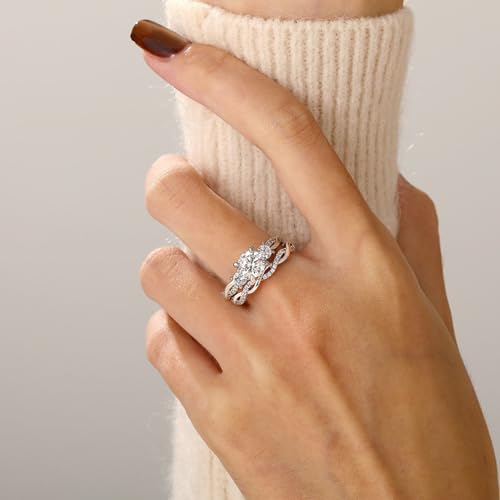 Image of Jeulia Round /Princess Cut Wedding Ring Sets for Women Three Stone Bridal Sets Engagement Ring Set CZ Twisting Infinity Pave Set 925 Sterling Silver Free Engraving