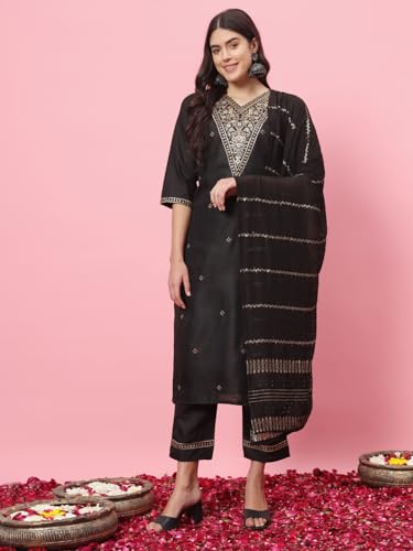 Image of VredeVogel Women's Cotton Blend Kurta Pant Set with Chanderi Silk Embroidery Dupatta