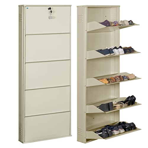 Image of DELITE KOM 24 Inch Wide, 5 Shelf Metal Shoe Rack Wall Mounted for Home with Central Lock | Holds Upto 15 Shoes or 25 Slippers Pair | 1 Year Warranty | (67 x 24 x 5 Inch, Ivory) | DIY | Space Saving