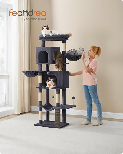Feandrea Árbol Grande para Gatos, Torre para Arañar de 175 cm de Altura, Multinivel con 2 Cuevas, 2 Cestas, 5 Rascadores, Alfombra, Plataforma, Hamaca, Gris Oscuro PCT182G02 - imagen 2