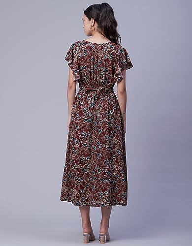 Image of Moomaya Women's Printed Dress, V-Neck, Short Sleeves, Ruffled Midi Summer Dress