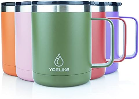 Yoelike Stainless Steel Coffee Travel Mug with Handle and Lid, 410ml/14oz Vacuum Insulated Mug, Leak Proof, Powder Coated, Thermo Camping Coffee Cup for Tea Hot Cold Drinks Office Outdoor Navy Blue