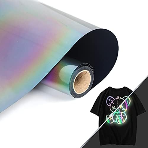 RENLITONG Reflective Rainbow Heat Transfer HTV Vinyl Roll 12'' x 8' Rolls for DIY T-Shirts Iron On PU Stretch Vinyl for Silhouette Easy to Cut & Weed