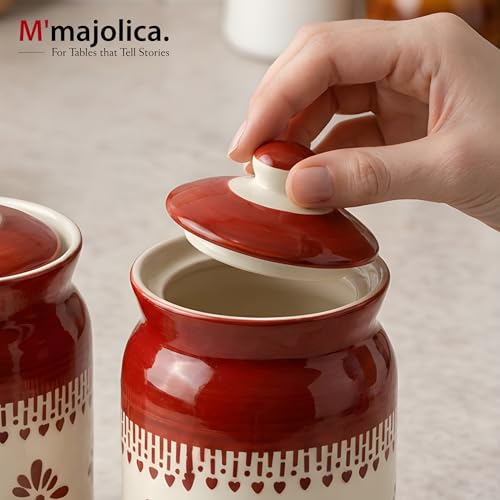 Image of Orange Jhalar Ceramic Handglazed Pickle Jars Set of 1-1000 ML Each | 1 kg Achaar Martban Barni Jar with Lid | Ceramic Storage Jar Container Pickle /Achar, Chatney