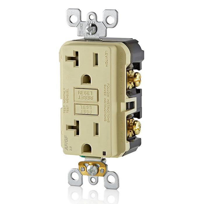 Image of Leviton Dual-Function AFCI /GFCI Outlet, 20 Amp, Self Test, Tamper-Resistant with LED Indicator Light, Protection from Both Electrical Shock and Electrical Fires in One Device, AGTR2-I, Ivory