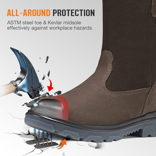 NINGO Steel Toe Work Boots for Men, Waterproof Wellington Mens Boots with Full Grain Leather, Slip Resistant and Puncture Proof, Pull-On Work Shoes for Construction, Industrial and Farming3