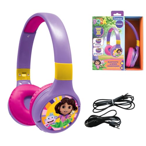 Lexibook, Dora la Exploradora, Auriculares 2 en 1 Bluetooth y con Cable con micrófono y botón de Control, Plegables y Ajustables, Batería Recargable de Larga duración, HPBT010DOR