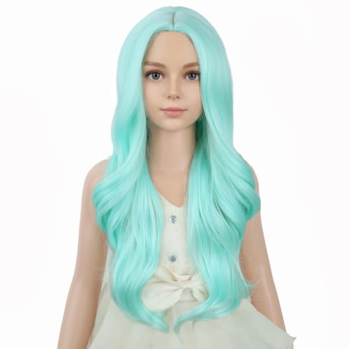 Image of PATTNIUM Mint Green Long Curly Wigs for Kids Girls Light Green Middle Part Heat Resistant Synthetic Wigs Halloween Cosplay Costume Party Wig
