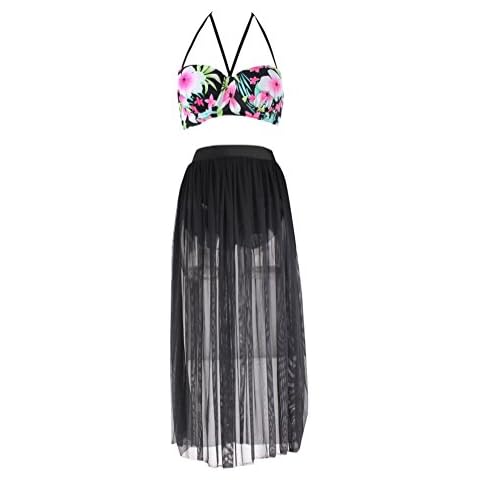 Mooncolour Womens Plus Size Floral Print Top High Waisted Mesh Skirt Bottom Black Cover