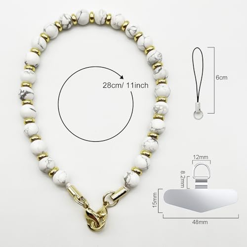 Image of TENOC Marble Beaded Phone Wrist Strap, Marble White | Cellphone Lanyard Chain, Sparkling Wristlet Bracelet, For Women