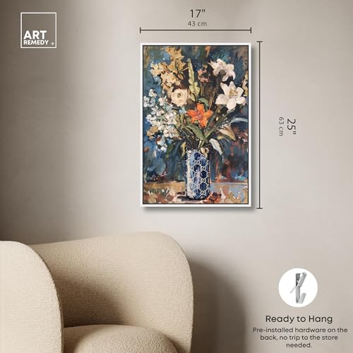 Image of Art Remedy Blue Floral Vase Canvas Floral Vase Wall Art, White Frame, 16 inch x 24 inch