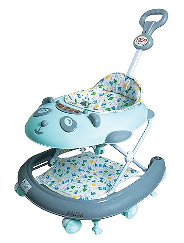 ODELEE Bravo Activity Baby Walker for 6-18 Months with Music and Parents Handel Rod and Adjustable Height for Boys and Girls (Green,Grey)