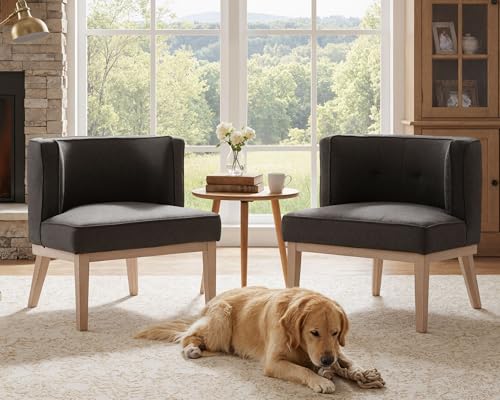 Barrel Chairs Set of 2 Mid Century Modern Accent Chair with Wooden Legs Upholstered Reading Arm Linen Fabric Waiting Room Round Side Chairs for Small Spaces Living Room Bedroom Office, Charcoal - Image 4