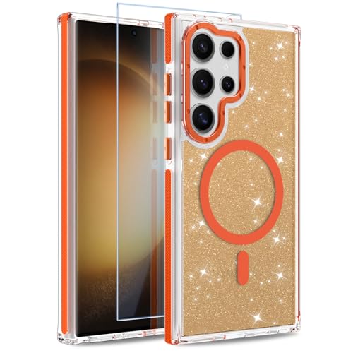 Image of Magnetic Case for Samsung Galaxy S23 Ultra [Compatible with Magsafe] [Bling Glitter Fluorescent Design] [1 Screen Protector] Slim Translucent Matte Case for Galaxy S23 Ultra 6.8 inch, Orange