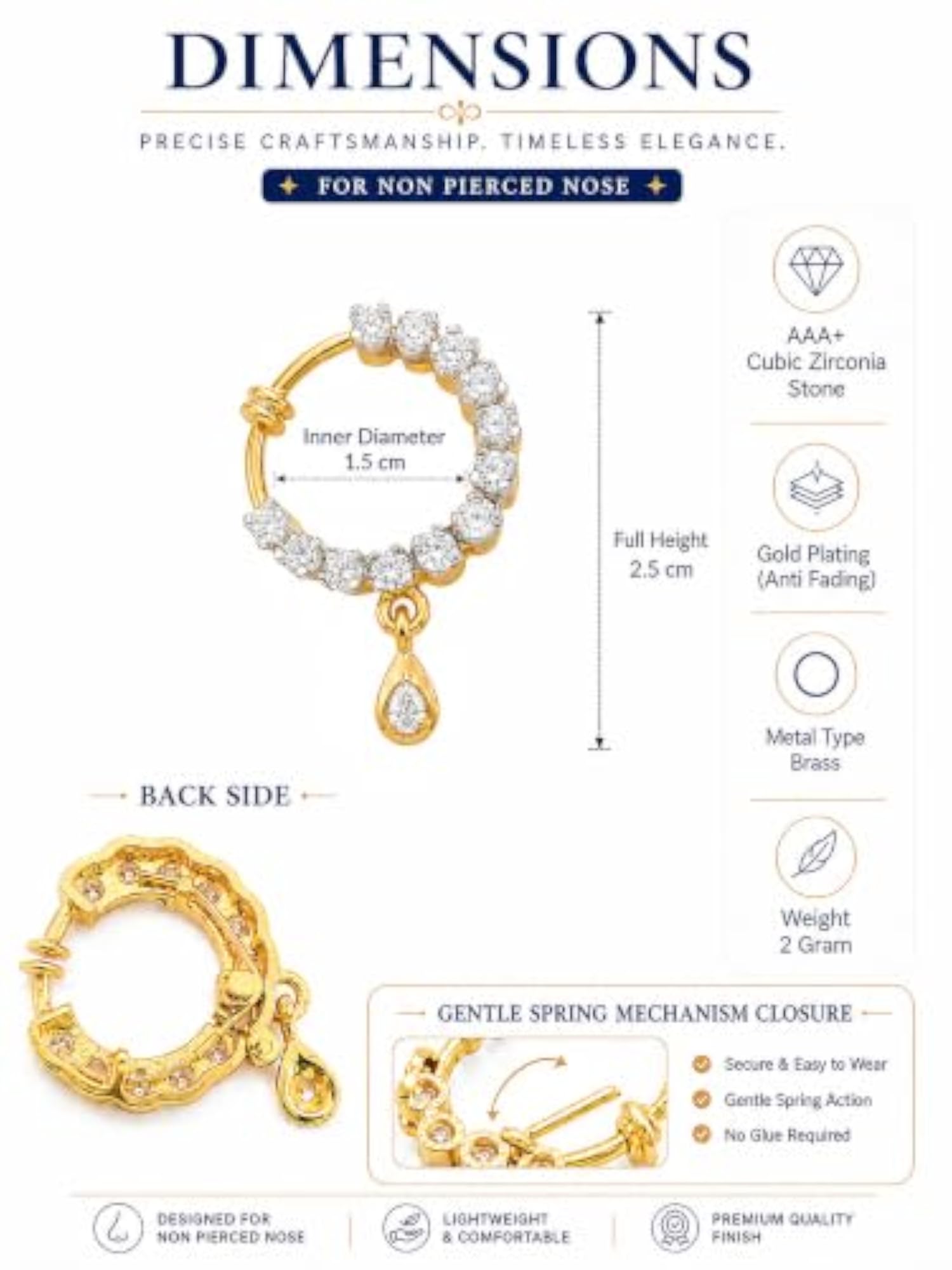 Plated Stylish American Diamond Small Nose Ring, Non-Piercing