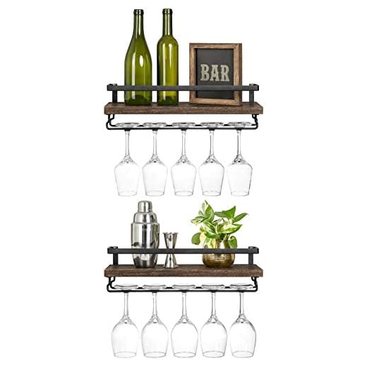 Mkono Wall Mounted Wine Rack Set of 2 Wood Rustic Wine Bottle Glass Floating Shelves with Stemware Hanger Modern Plants Photos Wine Display Storage Holder for Kitchen Dining Room Bar, 17 Inch