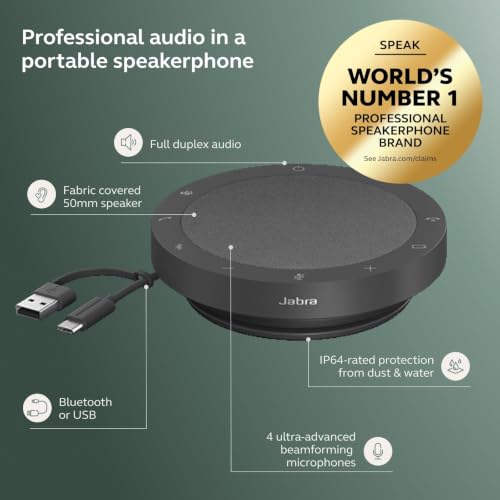 Image of Jabra Speak2 75 Wireless Bluetooth Speakerphone with USB-A Bluetooth Adapter, 4 Noise-Cancelling Mics and Full-Range 65mm Speaker - Certified for Zoom and Google Meet - Dark Grey