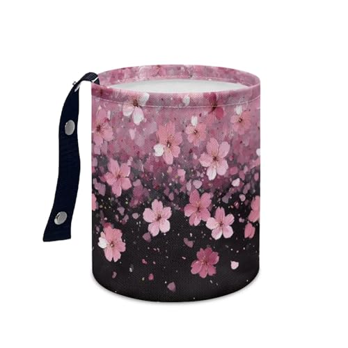Image of Pink Cherry Blossom Print Mini Car Trash Bin with Adjustable Buttons Car Garbage Can Multipurpose Car Storage Bag Collapsible Reusable