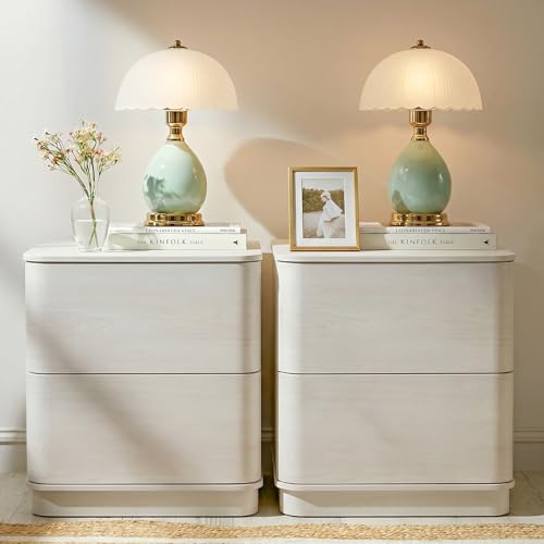 Image of Yechen Night Stand Set of 2 with 2 Push to Open Hidden Drawers Storage | Bedside Table, 22'' Wooden Modern End Table, Mid Century Bedside Table for Bedroom, Curved Profile, White Grey