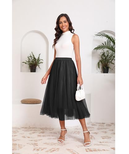 Kingfancy Women's Winter Skirts 2 Layered Tulle Tiered Long Skirts Elastic Waist A-Line Midi Skirts4
