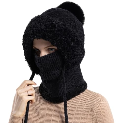 レディース 冬用 ニット帽 ニットキャップ バラクラバ 一体化セット ネックウォーマー/フェイスカバー 防寒防風 暖かい 頭囲 53-58cm (ブラック)