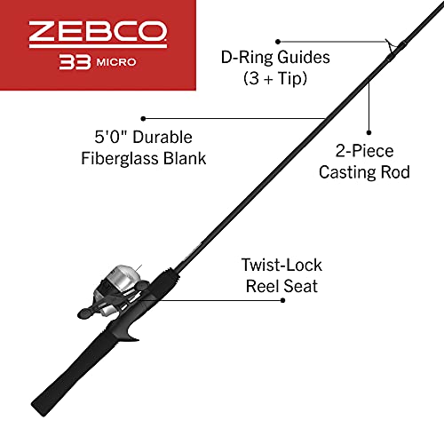 Zebco 33 Micro Spincast Reel and Fishing Rod Combo, 5-Foot 2-Piece Rod with Durable Fiberglass Fishing Pole, Quickset Anti-Reverse Fishing Reel with Bite Alert, Silver Zebco 33 Micro Combo