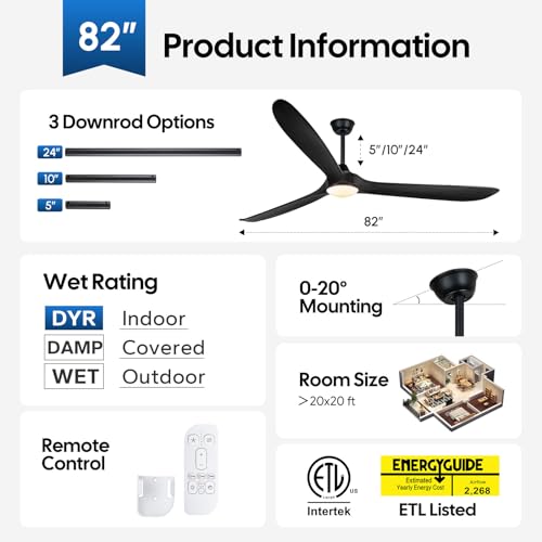Image of 82 Inch Extra Large Black Ceiling Fans with Lights and Remote