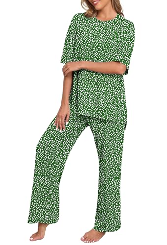 Image of PrinStory Womens Pajamas Sets 2 Piece Lounge Set Short Sleeve Tops and Long Pants Soft Pjs Loungewear with Pockets