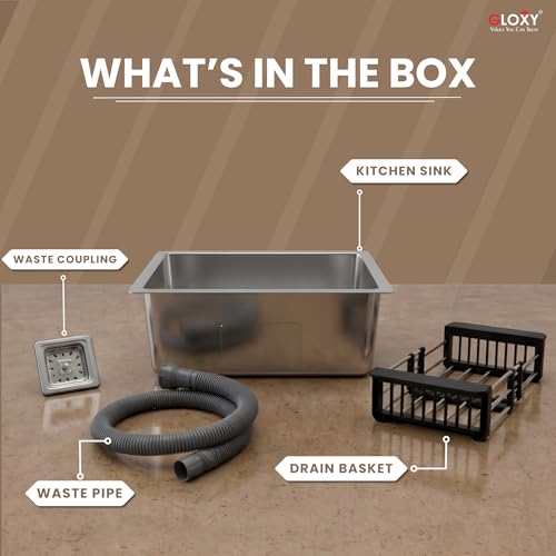 Image of Gloxy 304 Grade Stainless Steel Premium Kitchen Sink 24x18x9 Inches With Matte Finish - Handmade Kitchen SInk - Heavy Duty Sink with Coupling Pipe and Drain Basket - 3 Years Warranty