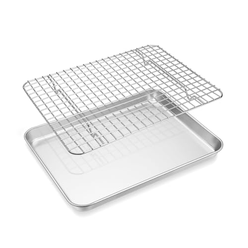 Backblech mit Abkühlgitter, Onader Edelstahl Rechteckig Backform Ofenblech mit Kuchengitter Set, 31,4x24,6x2,5cm, Ungiftig & Spülmaschinenfest