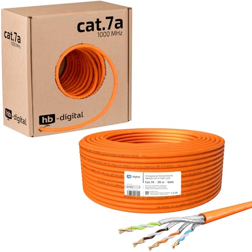 hb-digital 25m Cable de red CAT.7a Cable de instalación LAN AWG 23 Cobre puro S/FTP PiMF LSZH Cable de instalación Ethernet libre de halógenos RoHS Cable de datos PoE 10Gbit/s máx. 1200MHz