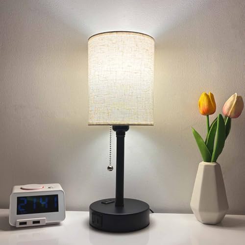 Small Bedside Table Lamp for Nightstand with USB & Outlet, 3 Color, Matte Black, Beige Lampshade...